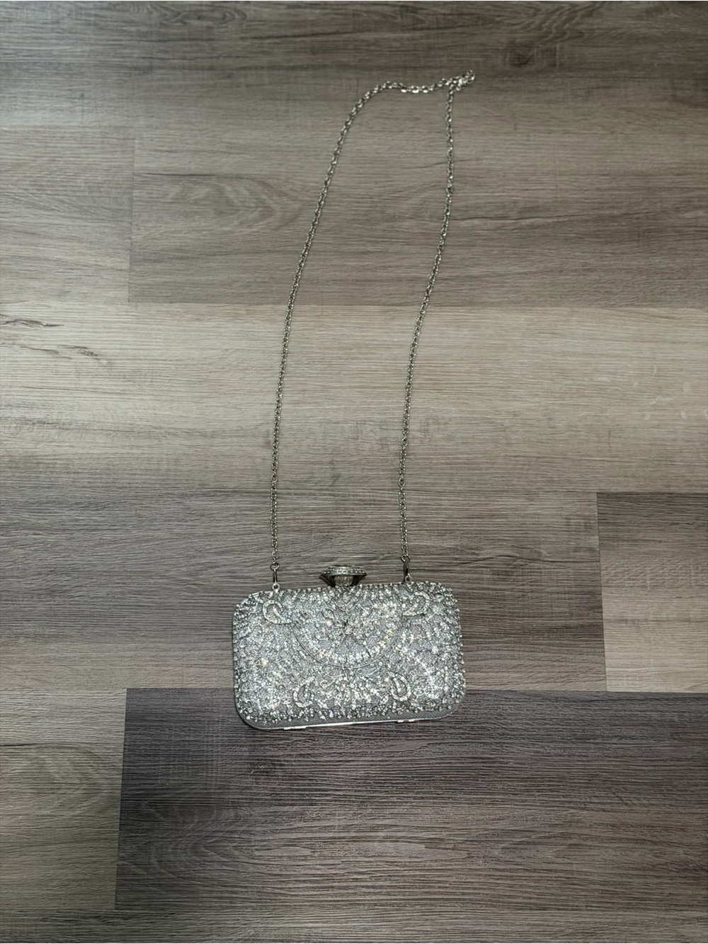 Silver Beaded Evening Clutch with Chain Strap